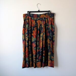 VINTAGE 80s The Villager Black and Orange Floral Midi Skirt